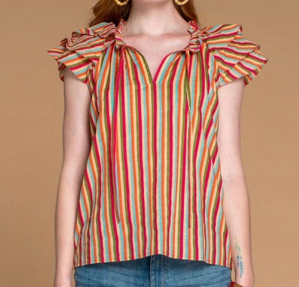 Olivia James The Label Multicolor Strawberry Stripe Blouse Women's size Small
